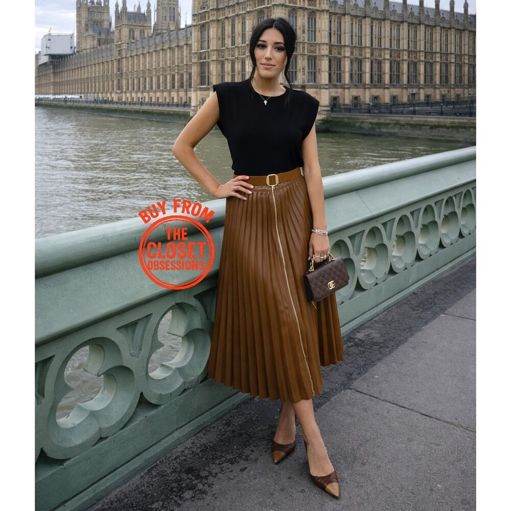 Zara Whiskey Brown Faux Leather Pleated Midi Skirt NWT High Waist Old Money